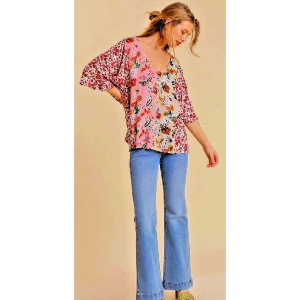 NWT Umgee Spring Garden V neck Dolman Sleeve Pullover Rayon Crepe Top M L